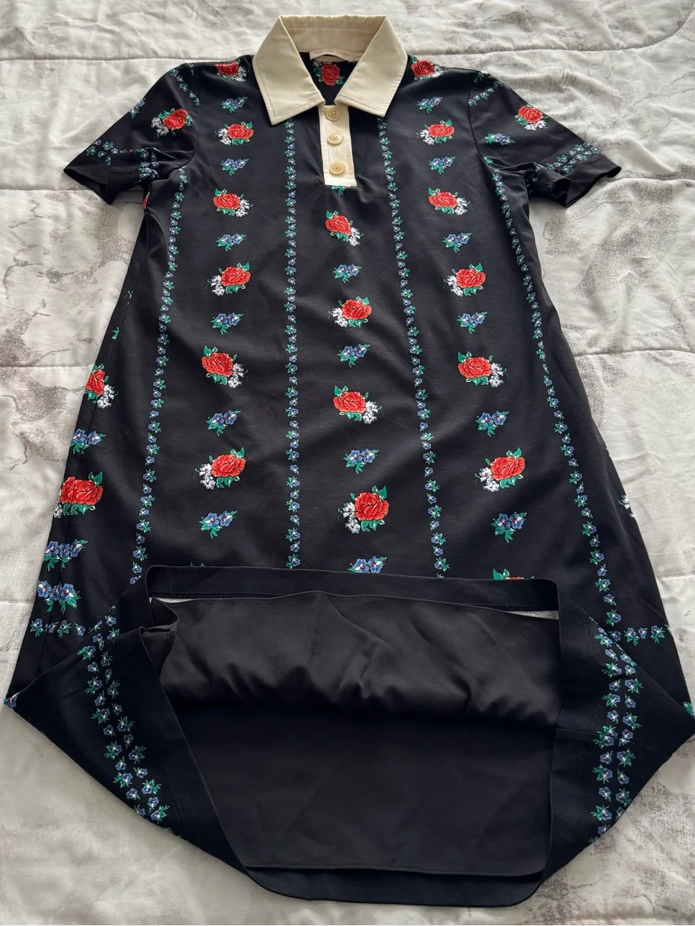 Tory Burch Black Floral Polo lined Dress with Cream Collar, size XS luxury boho